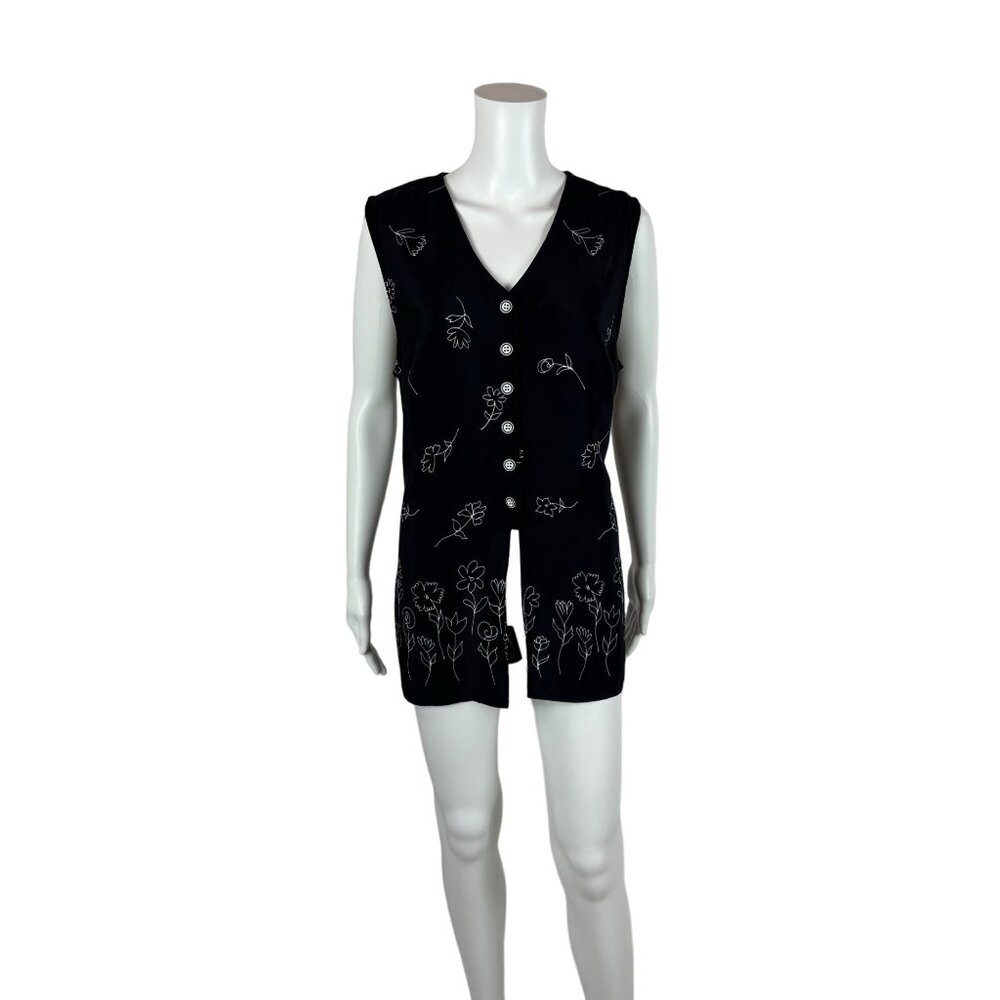 Vintage 90s Floral Vest Women's XL Black & White Rayon Long Waisted Tunic Top Ph